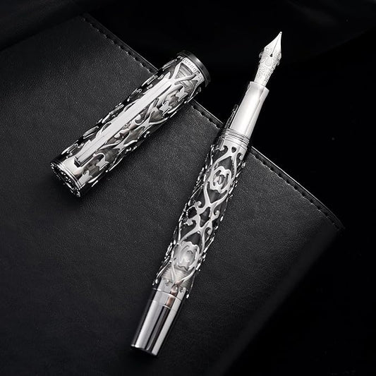 Hongdian D1 Piston Fountain Pen Fine Nib, Hollow Skeleton & Resin with Metal Case Set (Silver)