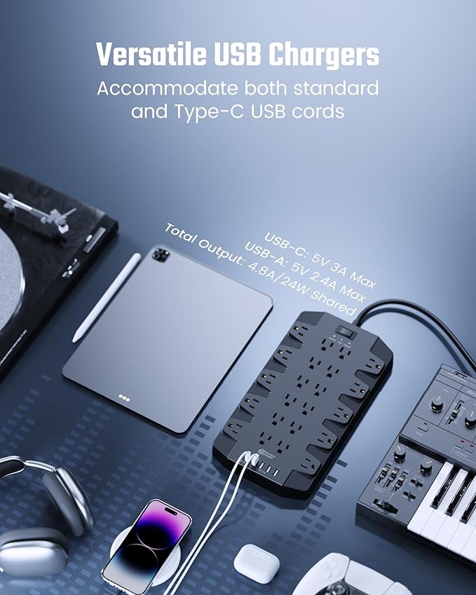 15 Ft Extension Cord Power Strips with Surge Protection, SUPERDANNY Surge Protector with 22 Outlets, 2 USB-C and 4 USB-A, 2100J, 15Ft Flat Plug Heavy Duty Extension Cord (1875W/15A) for Office, School