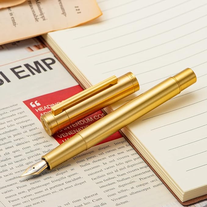 Hongdian 1861 Brass Fountain Pen Long Blade Nib, Classic Design Smooth Writing Pen with Converter and Metal Pen Case Set