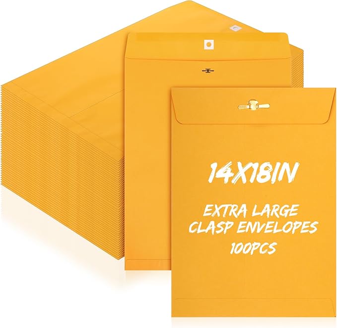 100 Pcs 14 x 18 Inch Extra Large Mailing Clasp Envelopes Jumbo Kraft Catalog Manila Envelope with Clasp Closure for Oversized Big Documents Office Home Business Legal School Storing Mailing