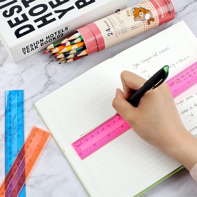 12PCS Clear Ruler, 12 Inch Plastic Rulers for School, Home, or Office, Clear Plastic Rulers, Assorted Colors.