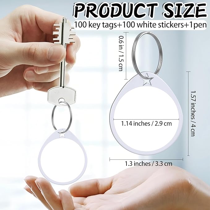 1.57 Inch Plastic Key Tags Round White Item Identifiers with Blank Paper Label Stickers and Pen, Metal Split Ring Tags Ideal for Home,Office and Rental Management Use,100 Pack
