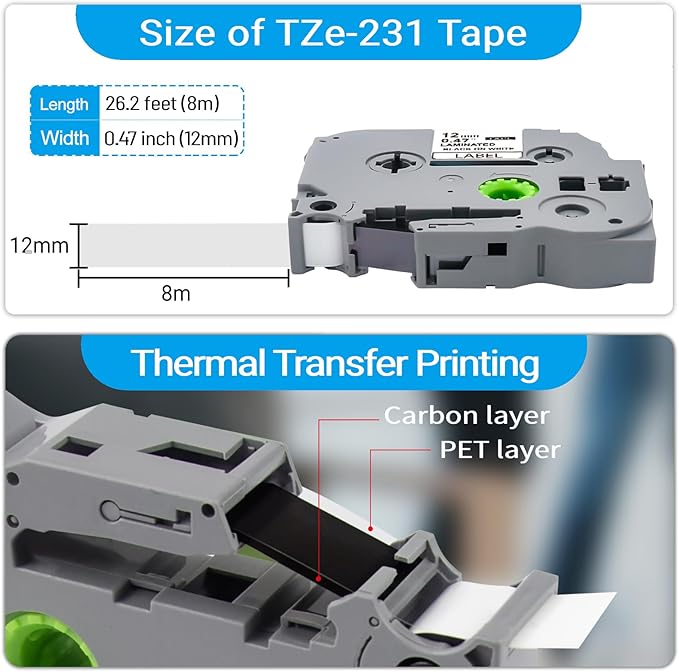 15Pack TZe-231 Label Maker Tapes Replacement for Brother P Touch Label Maker Refills, TZe231 Tape Laminated 12mm 0.47 White, TZ-231 Tapes for Brother PT-H110 PTD210 PTD220 PTD400 Printer