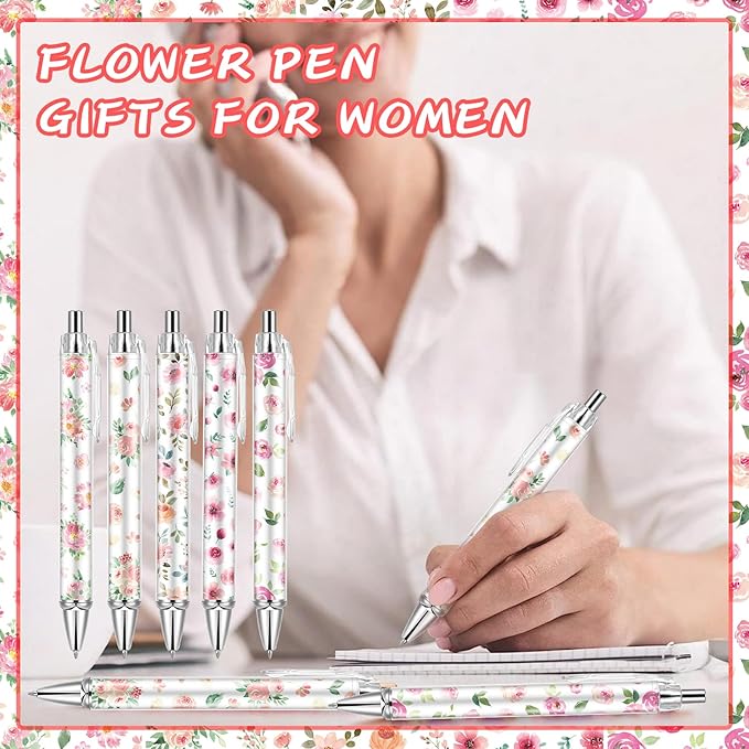 10 PCS Pink Floral Pens Flower Ballpoint Pens 0.5 mm Rollerball Tip Cute Fashionable Retractable Ballpoint Pen for Office Supplies Black Ink, Medium Point (Pink Flower, 10)