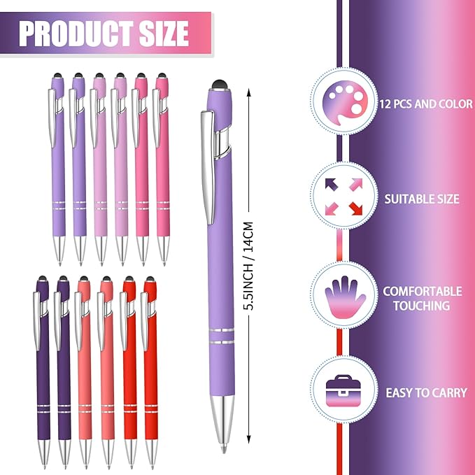 12 Pcs Blue Ink Ballpoint Pen with Stylus Tip, 1.0 mm Metal Pen Stylus Pen for Touch Screens, 2 in 1 Thank You Pen Gift for Friends, Colleagues, Coworker, Office, Family(Multi Pink)