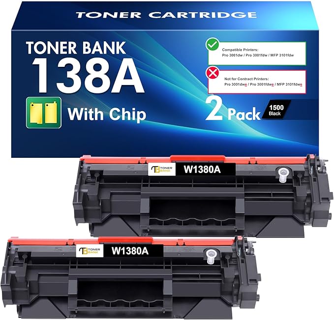 138A Black Toner Cartridges 2 Pack (with Chip) Compatible Replacement for HP 138A 138X W1380A W1380X for HP Pro 3001dw 3001fdw MFP 3101fdw Series Printer Ink