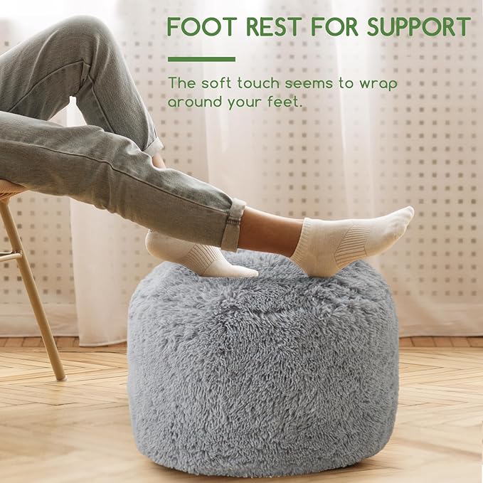 HIGOGOGO Round Stuffed Pouf Ottoman, Long Faux Fur Poufs with Foam Chunk Filling, Fluffy and Furry Pouf Foot Stool Storage Ottoman, 20 X 15 Floor Poufs Foot Rest for Living Room, Grey