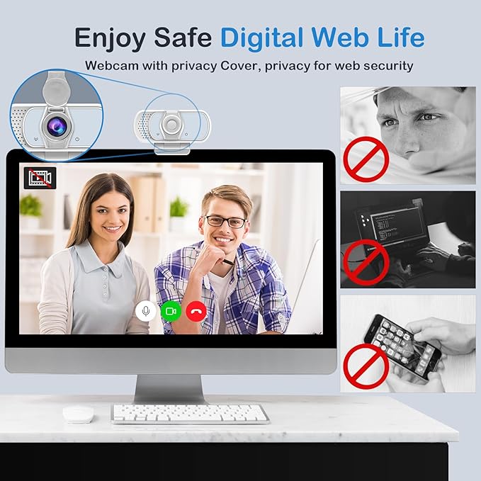 1080p White Webcam with Microphone, USB Web Camera 110-Degree View Angle Computer Camera,Webcam Tripod/Privacy Cover/USB C Adapter Include,Plug and Play Web Cam for Video Conferencing Streaming