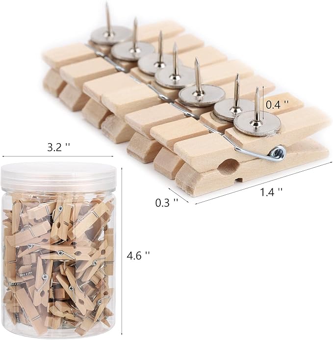 100Pcs Push Pin with Wooden Clips Tacks for Cork Board Artwork for Bulletin Board Crafts Arts Projects Photo Supplies(Wood Color)