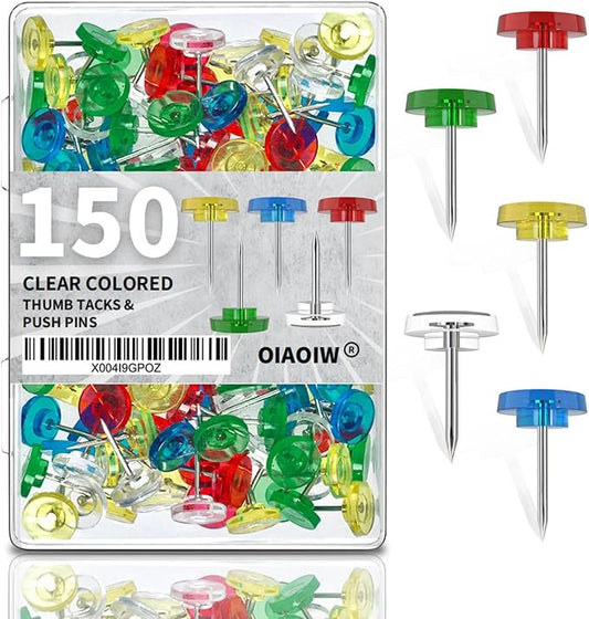 150 PCS Flat Clear Colored Push Pins for Wall Thumb Tacks for Walls Flat thumbtacks Push pin for Bulletin Board Shadow Box Display Thumbtack for Cork Board