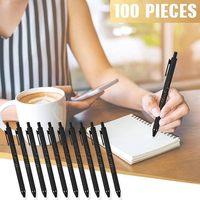 100pcs Thank You Pens Bulk Cute Multicolor Ballpoint Pen for Men Women Server Accessories Employee Holiday Appreciation Gifts for Teacher Office Back to School Party Favor (Black)