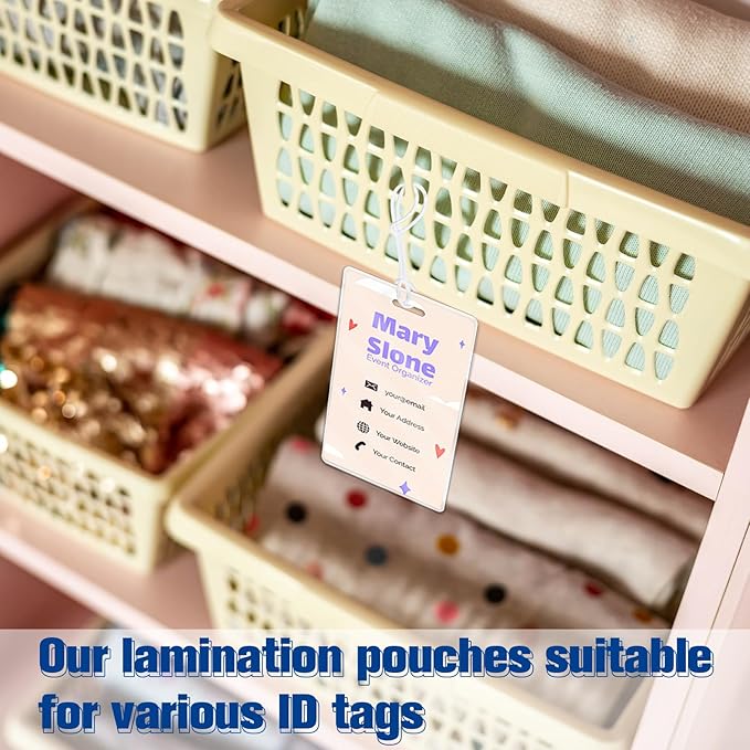 100 Pack 5 Mil Laminating Pouch with Colorful Loop 2 1/2" x 4 1/4" Luggage Tag Laminating Pouches with Slot Hole Thermal Laminate Pouch Tags Kit Resealable for Work Permits Pass Cards Student ID Cards