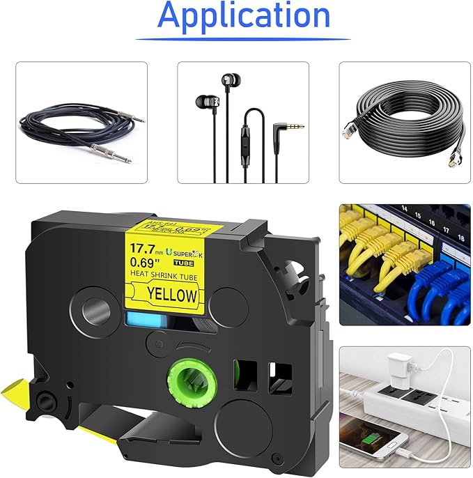 10PK Compatible for Ptouch HSe-641 HSe641 HS-641 HS641 Black on Yellow 17.7mm 0.69'' Heat Shrink Tubing for Wire Cable for PT9200dx PT9400 PT9500pc PT9600 Label Maker Tape