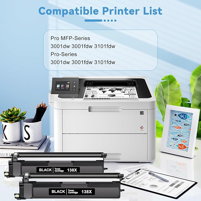 138X W1380X Toner Cartridge 2 Black with Chip Compatible for HP 138X Work with Laser Jet Pro 3001dw 3001fdw 3001, MFP 3101fdw 3101 High Yeild Printer Toner Cartridge 4,000 Pages