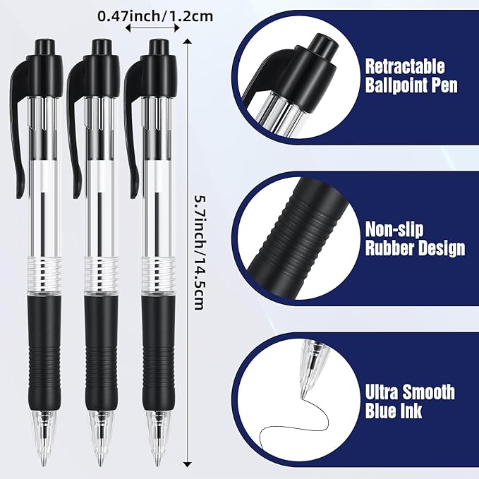 100 Pack Retractable Ballpoint Pen 1.0 mm Medium Point Refillable Smooth Click Writing Pens With Grip for Work Journal Writing Office Supplies
