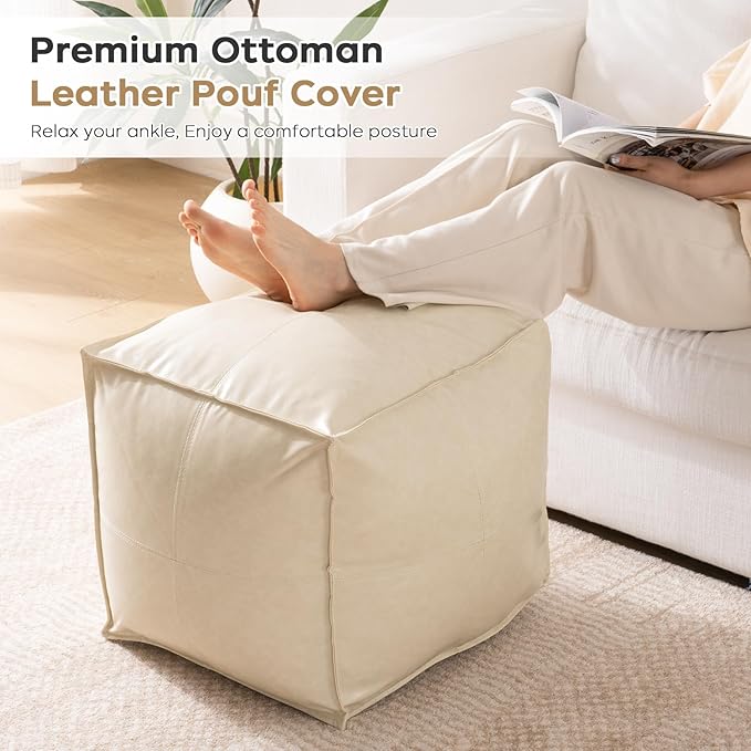 17.7" Square Unstuffed Pouf Ottoman Cover, Pu Leather Poufs Cube Foot Stool Poofy Ottomans Footrest, Decorative Casual Footstool for Living Room, Perfect to Rest Your Feet, Only Cover No Filler, Beige