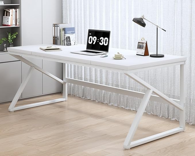 HSH 70 Inch Long White Computer Desk, Modern Large Executive Work Writing Study Gaming Desk for Home Office, Industrial Metal Wooden Two Person Desk Dual Monitor Workstation in Bedroom Living Room