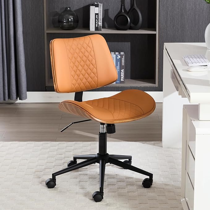 Home Office Chair No Arms with Wheels, Adjustable Height PU Leather Mid Back, 360 Swivel Computer Small Desk Chair, Armless Modern Walnut Style for Office, Reading Meeting Room(Brown)
