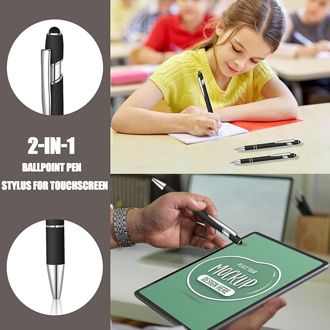 12 Pcs Blue Ink Ballpoint Pen with Stylus Tip, 1.0 mm Metal Pen Stylus Pen for Touch Screens, 2 in 1 Thank You Pen Gift for Friends, Colleagues, Coworker, Office, Family (Black)