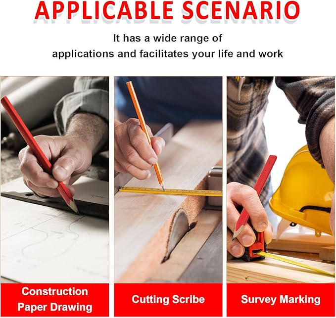 Honoson 200 Pcs Flat Construction Pencils with Printed Ruler Wood Graphite 2 Pcs Carpenter Pencil Sharpener for Woodworking Marking Tool (Orange and Red)