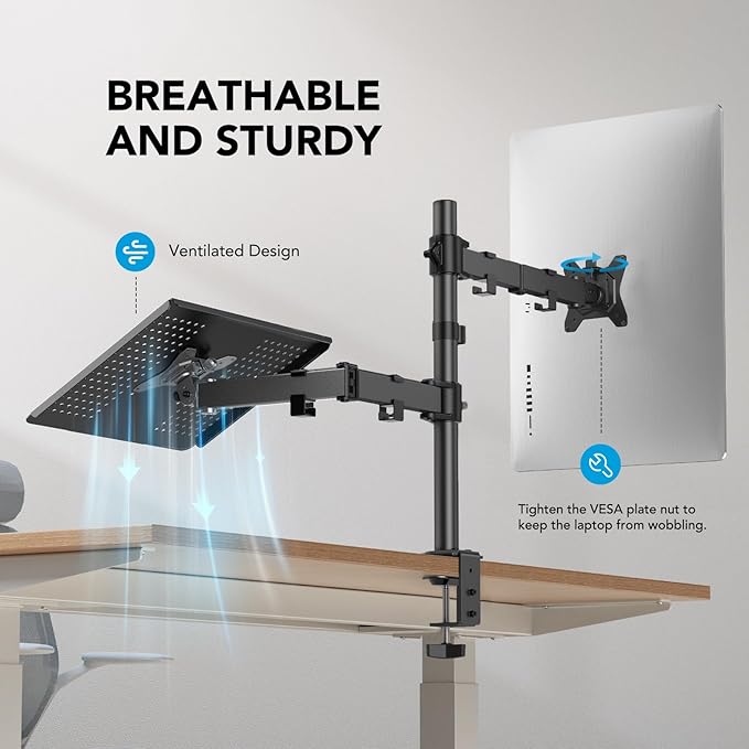 HUANUO Adjustable Monitor Stand, Single Arm Desk Mount for 32 inch Screen and 17 inch Laptop, Heavy Duty Ergonomic Bracket Holds 22lbs