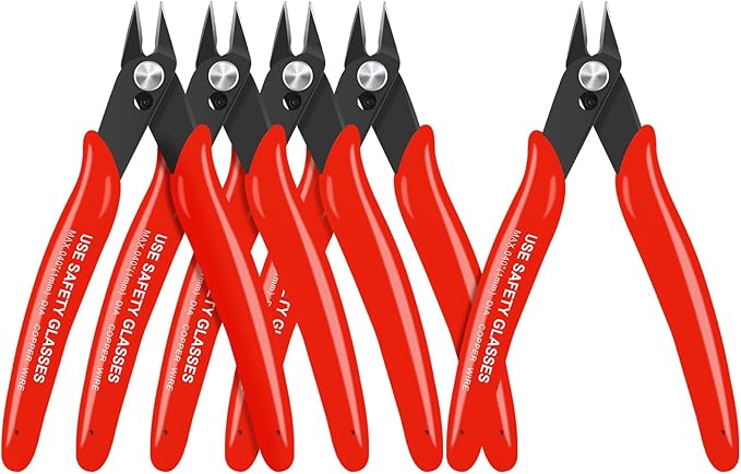 HongWay 5pcs Wire Cutters, Micro Flush Cutters with Spring, Wire Cutting Pliers, Wire Snips for Electronics Soft Copper Jewelry Making, 5-inches, Red