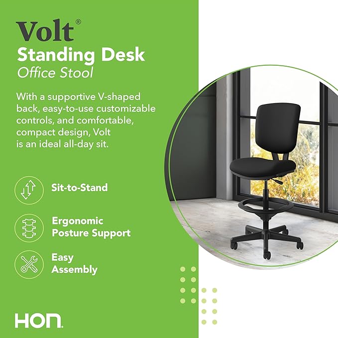 HON Volt Standing Desk Chair, Fabric Office Chair with Foot Rest, Armless, Ergonomic Recline and Center Tilt, for Computers, Offices, Work, Black