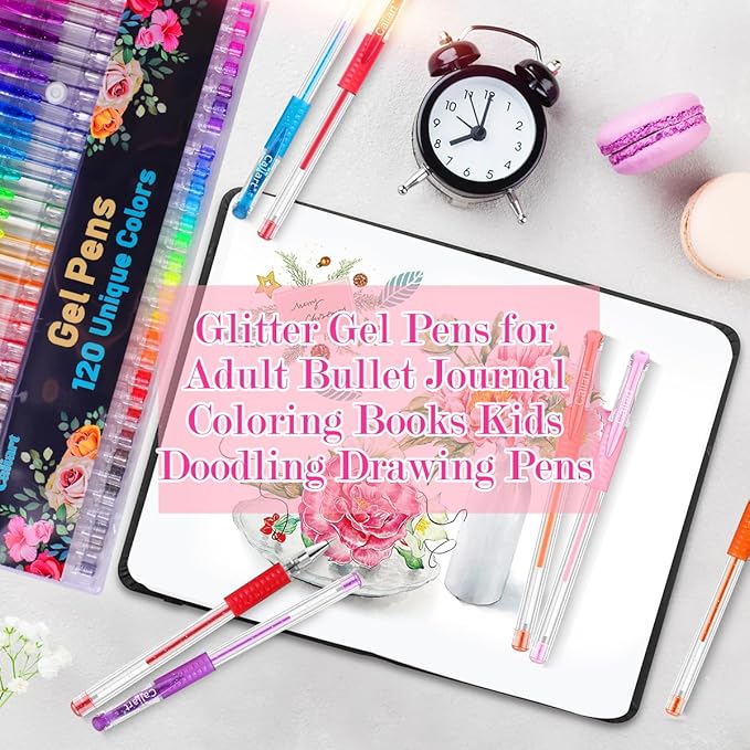 120 Color Gel Pens, 40% More Ink Fine Point Colored Pens, Neon Glitter Gel Pens for Adult Coloring Book, Drawing, Doodling, Scrapbook, Journaling, Sparkle Pen Gift for Kids