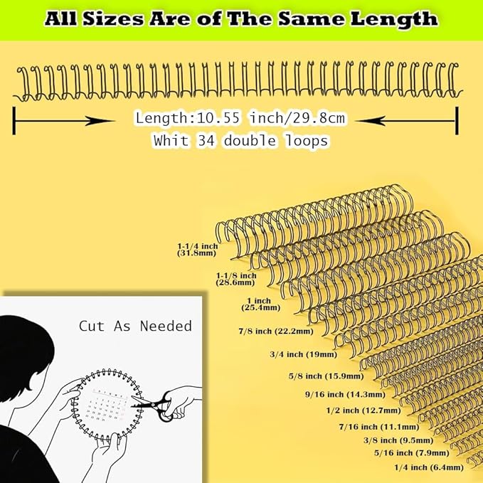 100 Pack Double Loop Wire Binding Spines, YolieraArt 1/4 Inch Spiral Binding Coils for Letter Size,Metal Bindings for Notebook Binder Machine (20 Sheet Capacity, 100P, 3:1 Pitch Twin Combs, Gold)