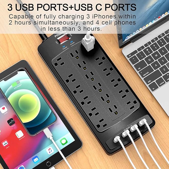 18 Outlets Surge Protector Power Strip - 6 Feet Flat Plug Heavy Duty Extension Cord with 18 Widely Outlets and 4 USB Ports, 2100 Joules, Black, ETL Listed