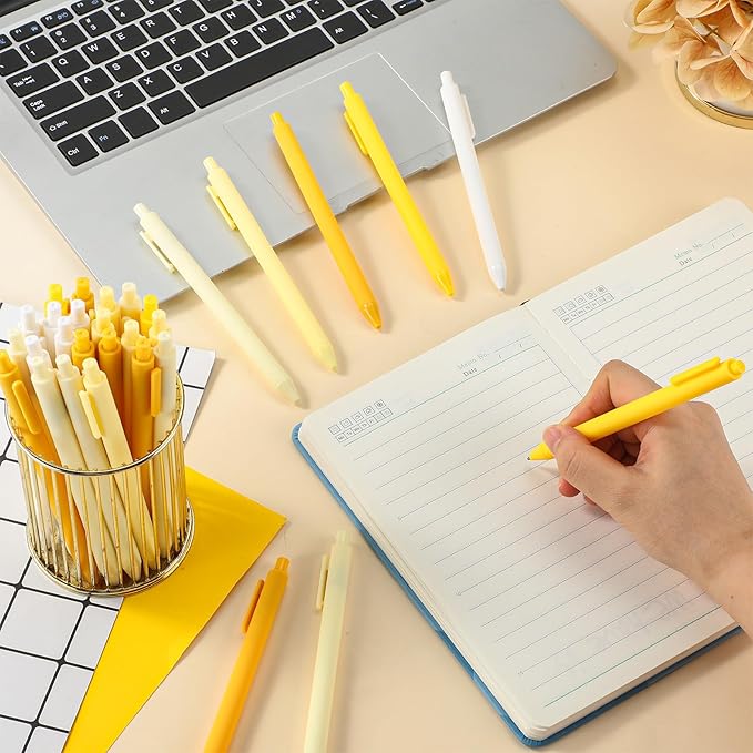 100 Pcs Ballpoint Pens Bulk Retractable Writing 1. 0 mm Black Ink Cute Pens Smooth Writing Color Fancy Gift for Teacher Student Employee Office School Home Baby Shower Supplies (Yellow Series)