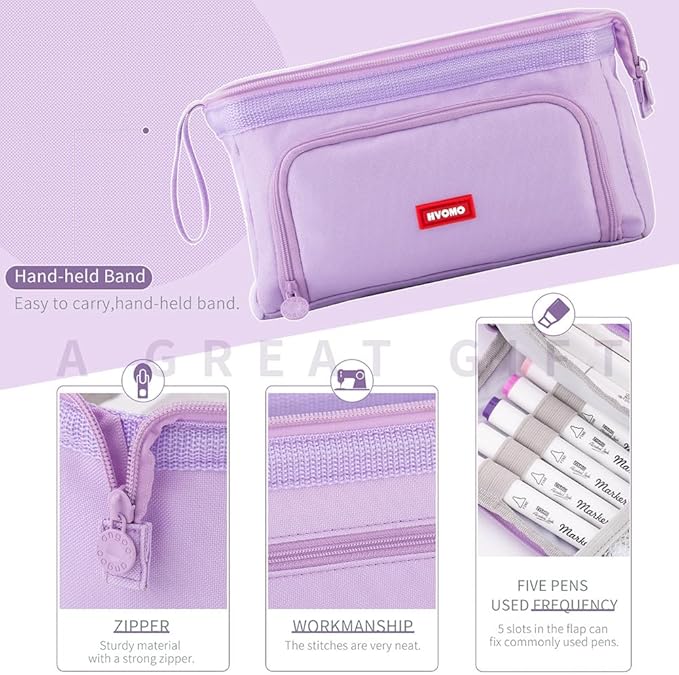 HVOMO Stationery Set,1 large-capacity pencil case,5 quick-drying pens,50 waterproof stickers,2 sticky note pads(200 sheets),1 set of 10-color index labels (200 sheets),Student stationery gift (Purple)