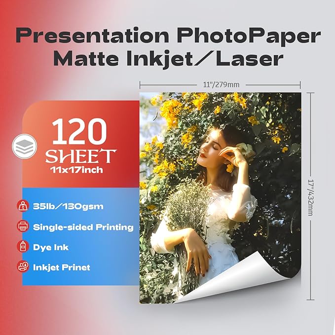 120 Sheets Thin Matte Presentation Photo Paper tabloid paper 11x17 inches 35lb 130gsm 6.5 Mil A3 for Dye Ink Inkjet Printer