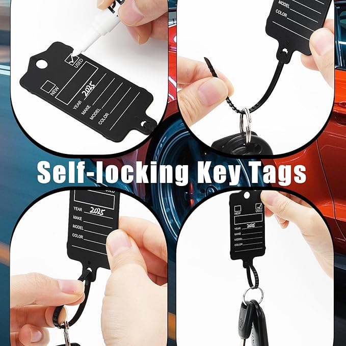 100 Car Key Tags with Labels Plastic Car Dealership Key Tags Self Locking Automotive Identifiers Blank Shop Labels with One Pen (Black)