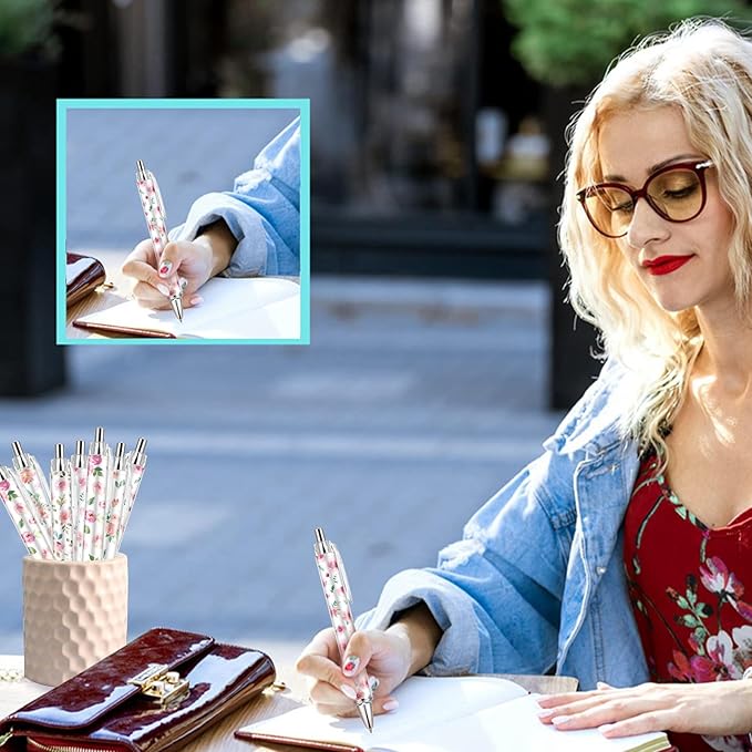 10 PCS Pink Floral Pens Flower Ballpoint Pens 0.5 mm Rollerball Tip Cute Fashionable Retractable Ballpoint Pen for Office Supplies Black Ink, Medium Point (Pink Flower, 10)