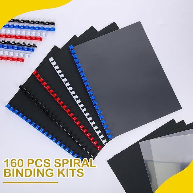 160 Pack Binding Covers and Combs kit 8.5x11 Inches Include 60 Pcs 12 mil Leather Texture Binding Cover 60 Pcs 8 mil Clear PET Presentation Covers 40 Pcs Binding Combs Letter Size(Multi Color)
