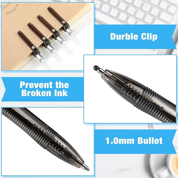 150 Pack Black Ballpoint Pens Bulk 1.0mm Ink Medium Point Retractable Rollerball Pens Smooth Writing Quick Dry No Smudge for Office, School, Journaling Medium Tip Ball Pen Set