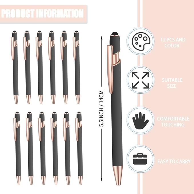12 Pcs Blue Ink Ballpoint Pen with Stylus Tip, 2 in 1 Gift Pen for Touch Screens (Gray Rose Gold)