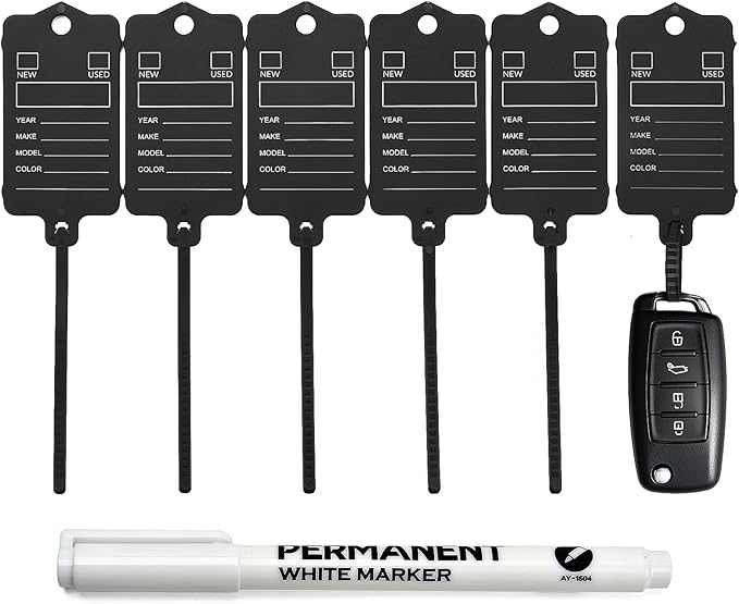 100 Car Key Tags with Labels Plastic Car Dealership Key Tags Self Locking Automotive Identifiers Blank Shop Labels with One Pen (Black)