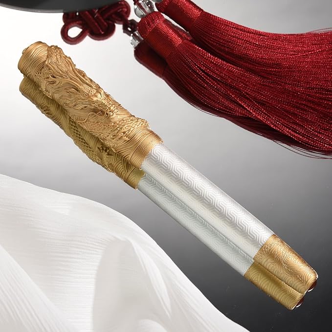 Hongdian A24 Fountain Pen Fine Nib, Snow White & Golden Dragon Stereoscopic Carving Cap Design