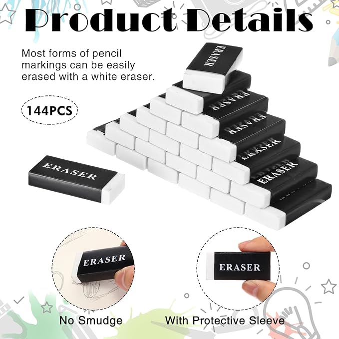 144 Pieces White Pencil Erasers Bulk Soft Art Erasers Pencil Erasers Large Rubber Erasers for Drawing Kids Student Artist Office Home Classroom Writing 1.8 x 0.8 x 0.3 Inch