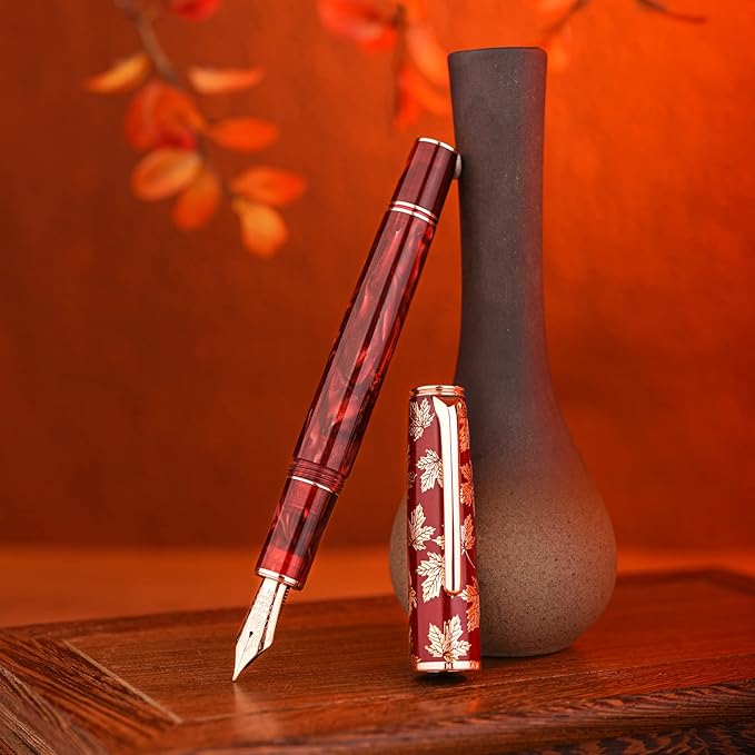 Hongdian N8 Red Acrylic Resin Fountain Pen, Iridium Medium Nib Rose Gold Trim Maple Leaf Carving Cap, Smooth Writing Pen with Converter and Metal Pen Box Set