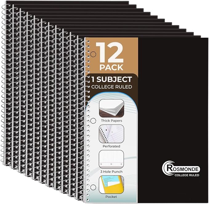 1 Subject Spiral Notebook, 12 Pack, College Ruled, Water Resistant Cover, Thick 140 Pages/Book (70 Sheets), 8 x 10-1/2, 3 Hole, Bulk School & Office, Black Cover