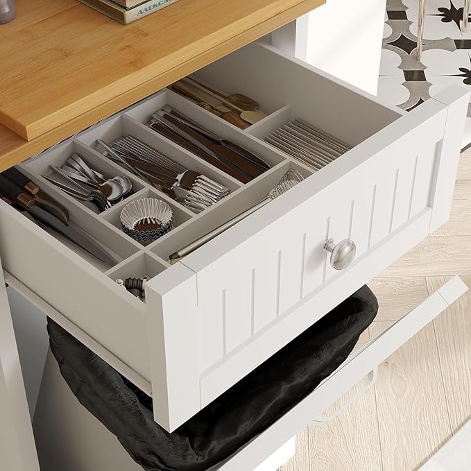 10 Gallon Tilt Out Trash Cabinet, Wooden Kitchen Trash Can Cabinet with Hideaway Drawer, Freestanding Laundry Hamper Garbage Recycling Cabinet on Wheels, Pet Proof, Single, White