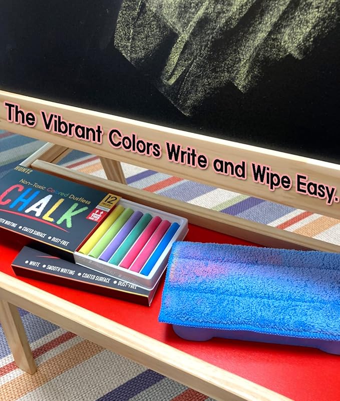 Huntz Dustless Chalk With Microfiber Eraser (Washable & Reusable) (12 White Chalks + 12 Colored Chalks + Eraser)