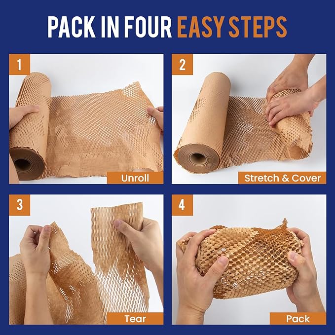 Honeycomb Packing Paper 12" x 150ft with Rope & 20 Fragile Stickers|Shipping & Moving Supplies|Small Business Packaging Supplies|Eco Friendly Bubble Wrap Packing Boxes for Moving Certified FSC C204227