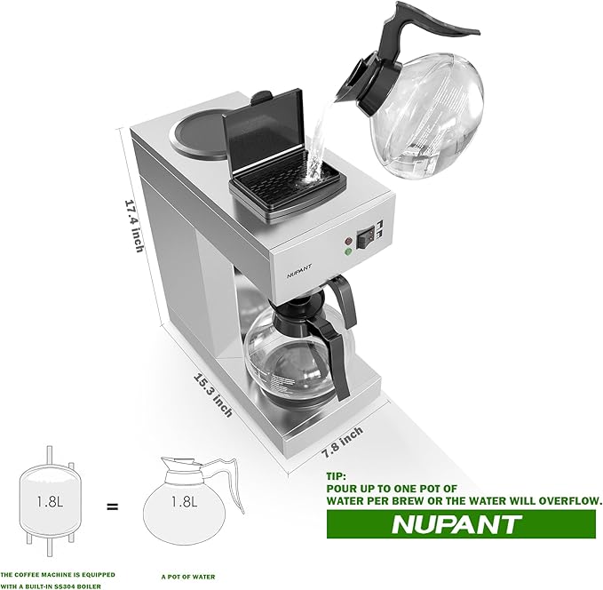 12-Cup Coffee Maker 1.8L Commercial Drip Coffee Maker Pour Over Coffee Machines with 2 Glass Carafes and 2 Warmers Plate Stainless Steel Coffee Brewer for Cofe Bar and Restaurant