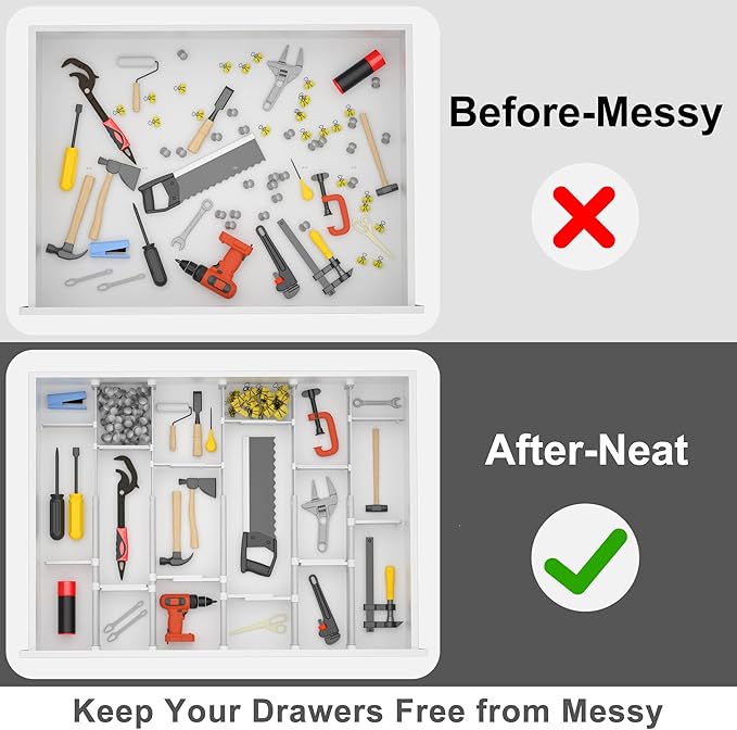 HiYZ Expandable Drawer Dividers with Inserts - Adjustable Drawer Organizers Separators for Kitchen, Bedroom, Dresser, Office, 3 Long Dividers(12.6-22.8 IN) with 6 Inserts(3.9-7.1 IN) - Gray