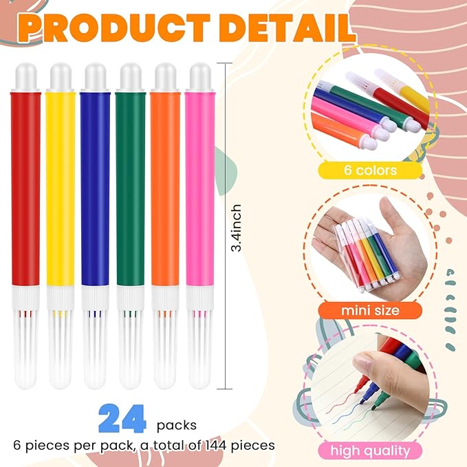 144 Pcs Mini Markers Colored Pen 3.4 Inch Vibrant Colors Portable Short Colored Markers Assorted Multicolor Watercolor Marker Pen for Kids and Adult Glass Office School Supplies (6 Colors)
