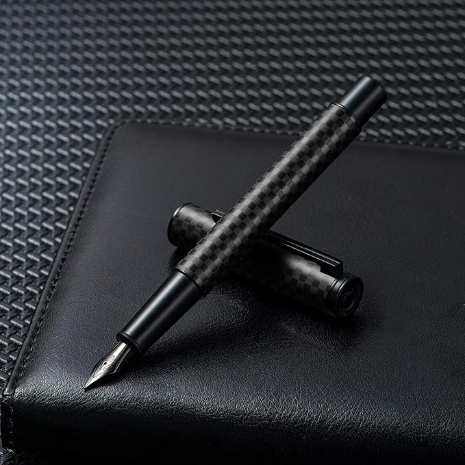 Hongdian Carbon Fiber Fountain Pen Fine Point, Slim Style with Converter and Metal Pen Case, The Light of Hope Serise